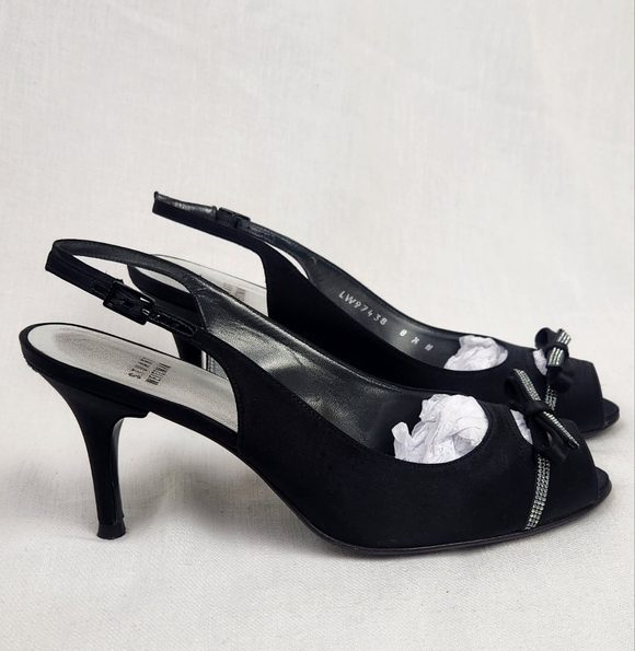 Stuart Weitzman Black Peep Toe Sparkle Bow Heel Pumps - Picture 3 of 10